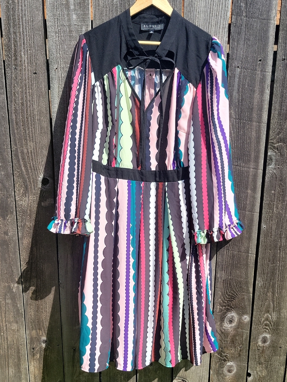 Eloquii Multicolor Scalloped Stripe Midi Dress